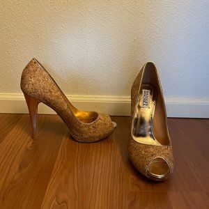 Badgley Mischka Willoe Open Toe Glitter Cork Heels 8